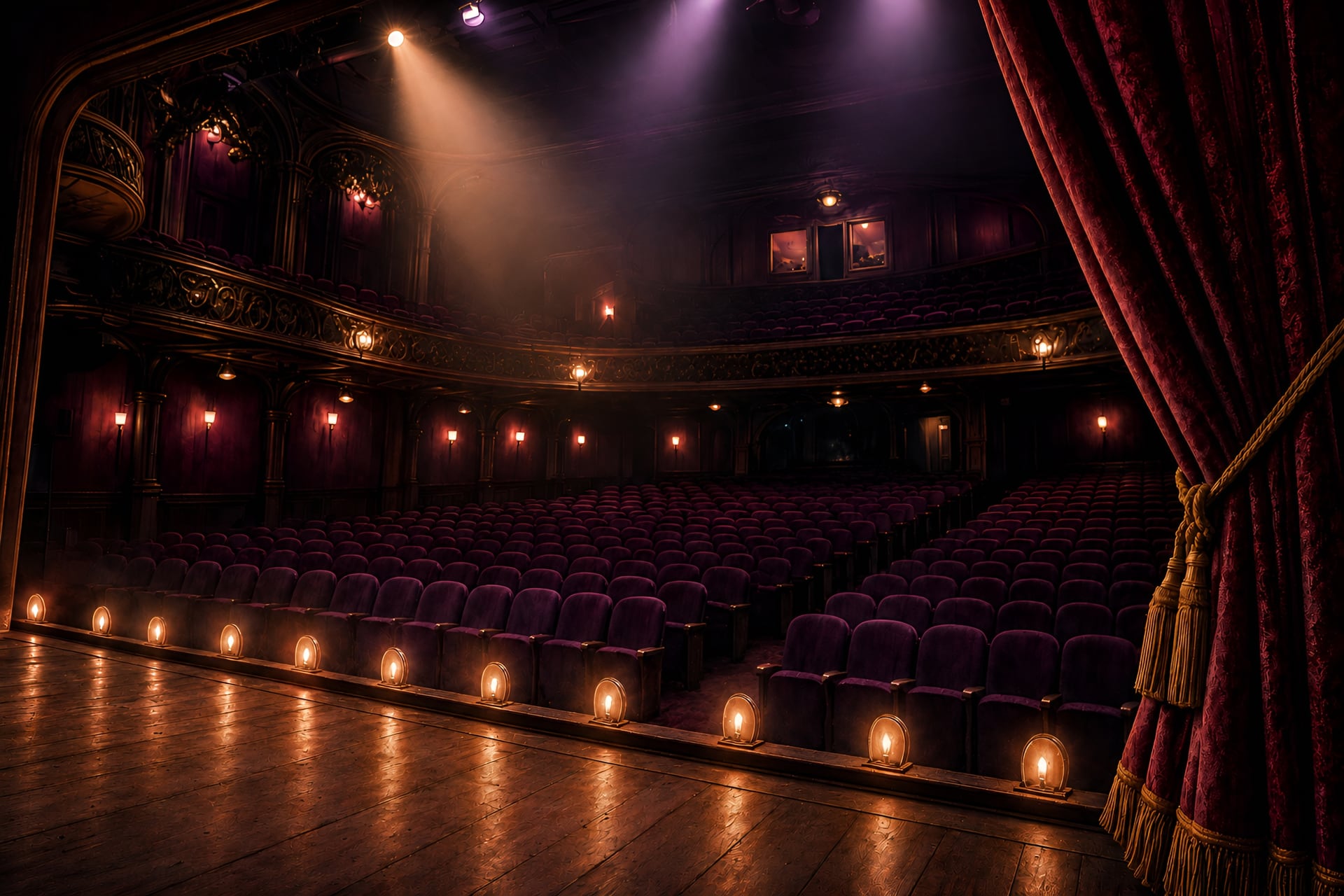Empty community-playhouse stage washed in warm footlights, deep aubergine house seats fading into shadow
