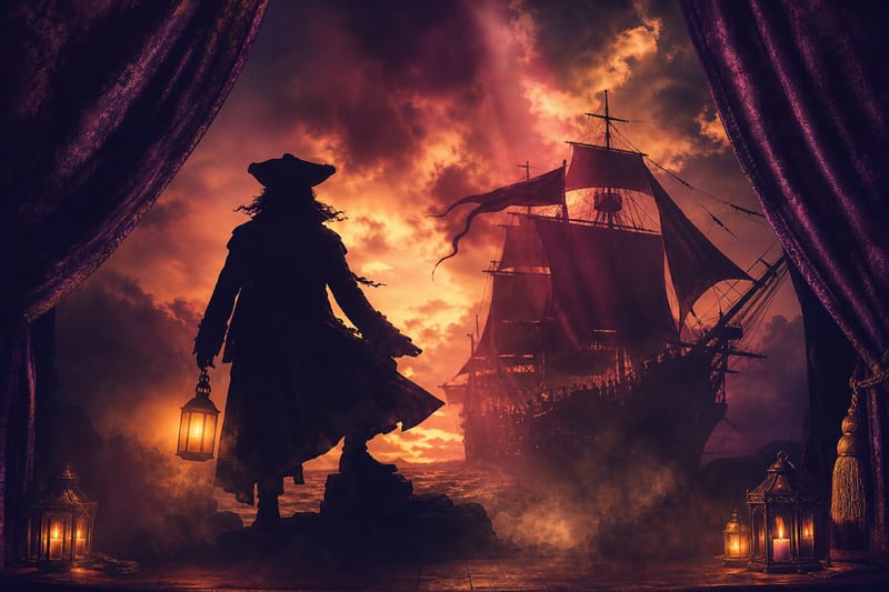 Stylized theatrical poster of a defiant 18th-century woman pirate