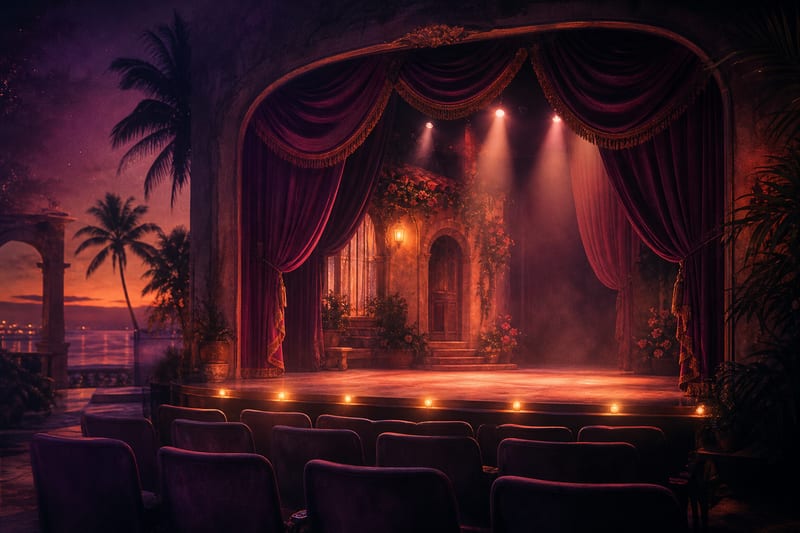 Warm stage lighting over rows of empty playhouse seats